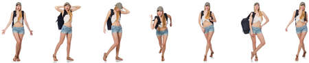 Beautiful woman in shorts with backpackの写真素材