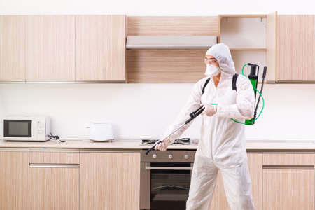 Professional contractor doing pest control at kitchenの写真素材