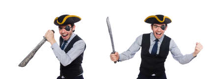 One-eyed man with weapon isolated on whiteの写真素材
