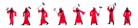 Executioner in red costume with axe on whiteの写真素材