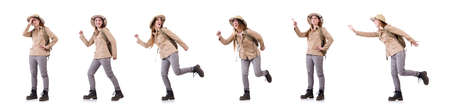 Woman wearing safari hat on white