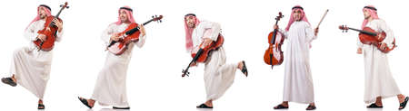 Arab man playing cello isolated on whiteの写真素材