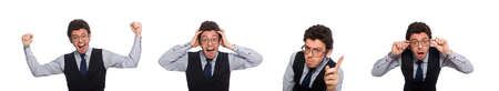 Young businessman in funny concept on whiteの写真素材