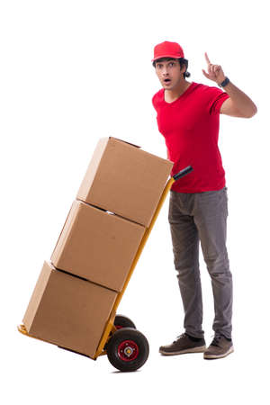 Young male courier with boxの写真素材