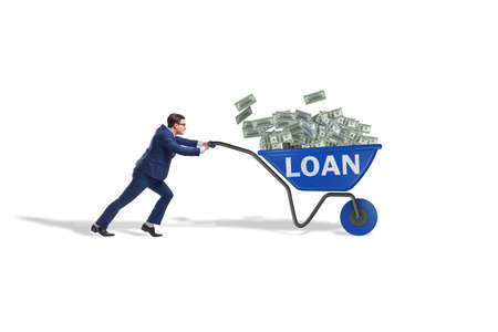Businessman pushing wheelbarrow in debt loan concept