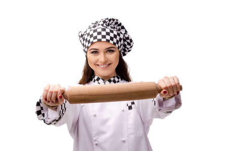 Young female baker isolated on white background