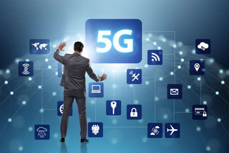 5g internet concept with businessman pressing buttons