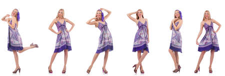 Beautiful woman in purple dress isolated on whiteの写真素材