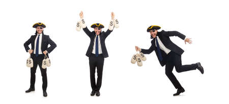 Pirate businessman holding money bags isolated on whiteの写真素材