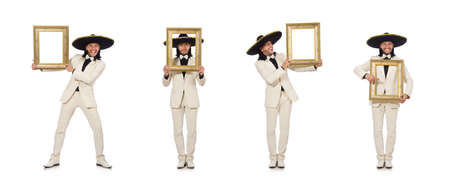 Funny mexican in suit holding photo frame isolated on white