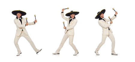Funny mexican in suit holding maracas isolated on whiteの写真素材