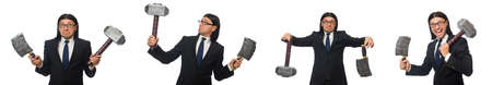 Handsome businessman holding hammer isolated on white