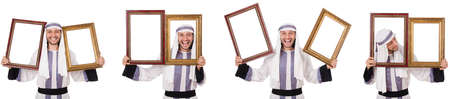 Arab man with picture frame isolated on white background