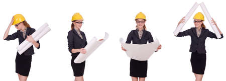 Female architect with blueprint isolated in whiteの写真素材