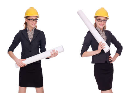 Female architect with blueprint isolated in whiteの写真素材