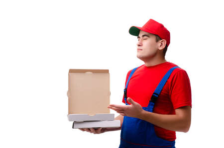 Pizza delivery worker isolated on whiteの写真素材