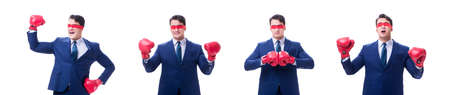 Lawyer with blindfold wearing boxing gloves isolated on whiteの写真素材