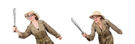 Woman wearing safari hat on whiteの写真素材