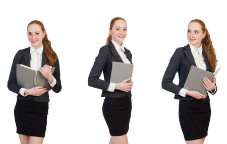 Woman with diary isolated on whiteの写真素材