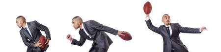 Man with american football ball isolated on whiteの写真素材