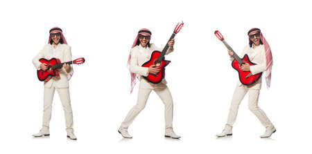 Arab man with guitar on whiteの写真素材