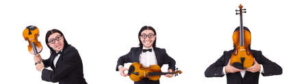 Funny man with music instrument on whiteの写真素材