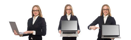 Pretty office employee with laptop isolated on whiteの写真素材