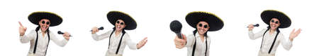 Funny man wearing mexican sombrero hat isolated on whiteの写真素材