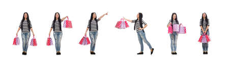 Woman with shopping bags isolated on whiteの写真素材