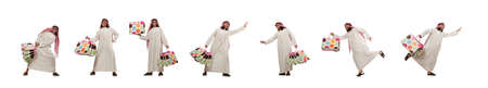 Arab man with shopping bags on white