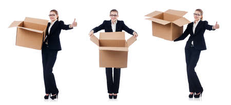 Woman businesswoman with boxes on whiteの写真素材