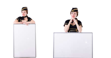 Stewardess with blank board on whiteの写真素材