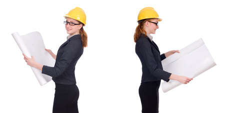 Female architect with blueprint isolated in white backgroundの写真素材