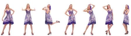 Beautiful woman in purple dress isolated on white backgroundの写真素材