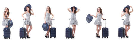 Woman with suitcase isolated on white backgroundの写真素材