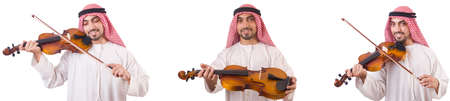 Arab man playing violin isolated on white backgroundの写真素材