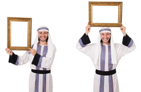Arab man with picture frame isolated on white backgroundの写真素材