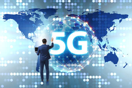 5g internet concept with businessman pressing buttonsの写真素材