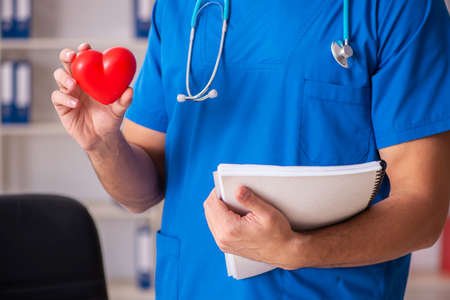 Male doctor cardiologist holding heart modelの写真素材