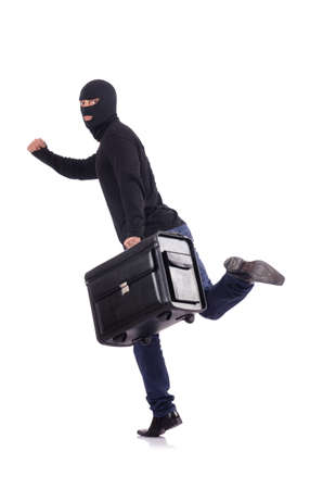 Male thief with suitcase isolated on white backgroundの写真素材