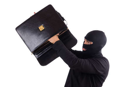Male thief with suitcase isolated on white backgroundの写真素材