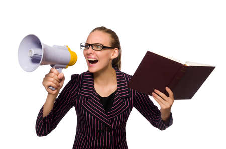 Young woman in purple costume holding megaphoneの写真素材