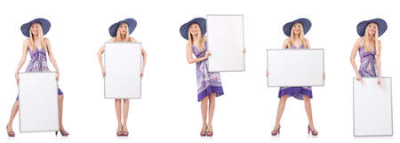 Beautiful woman in purple dress with whiteboardの写真素材