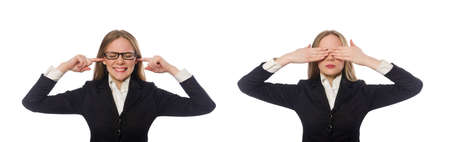 Funny businesswoman in business concept on whiteの写真素材