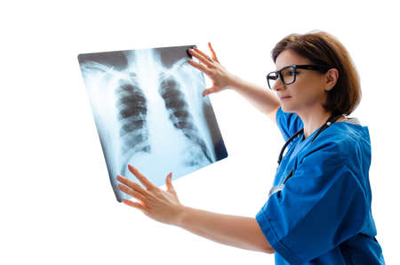 Female doctor radiologist isolated on whiteの写真素材