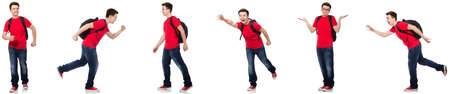Young student with backpack isolated on white