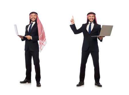 Arab businessman with computer on whiteの写真素材