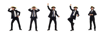 Young businessman wearing tricorn isolated on whiteの写真素材