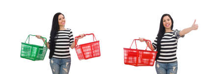 Woman with shopping cart isolated on whiteの写真素材