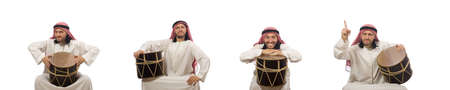 Arab man playing drum isolated on whiteの写真素材